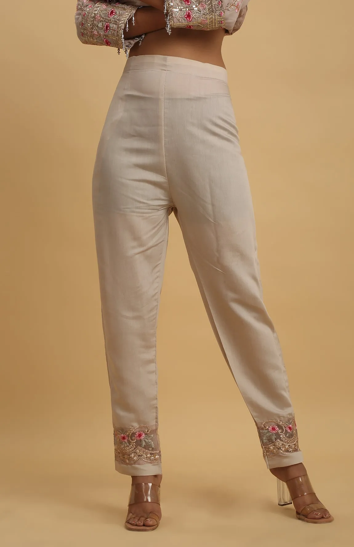 Beige Georgette Embroidered Floral Round Work Kurta Pant Set - Rent