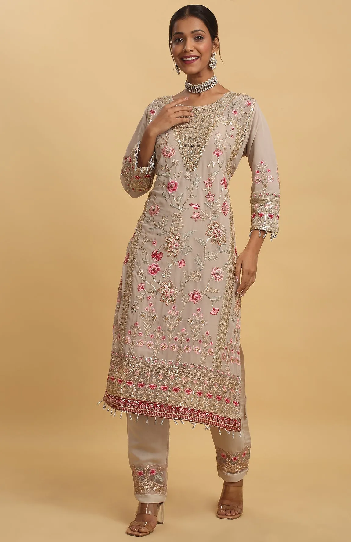 Beige Georgette Embroidered Floral Round Work Kurta Pant Set - Rent