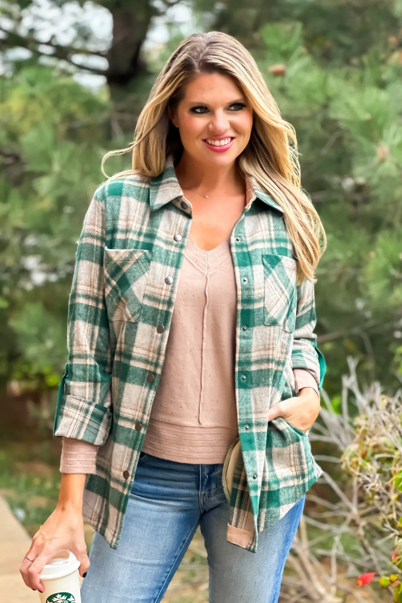 Better Than Basic Roll Tab Sleeve Plaid Shacket : Green/Tan