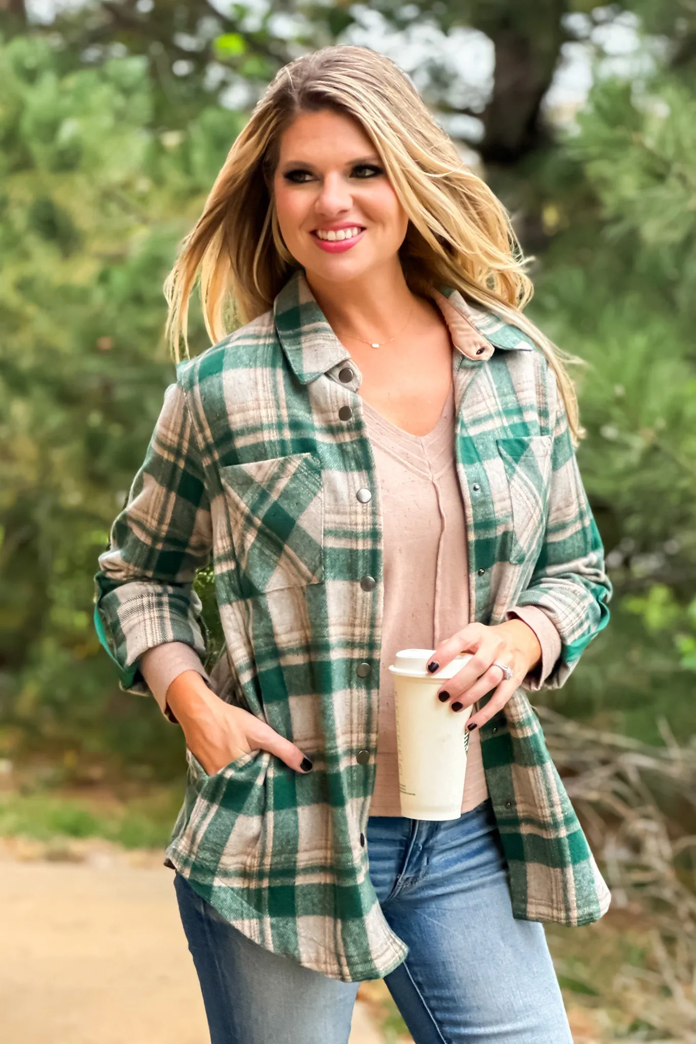 Better Than Basic Roll Tab Sleeve Plaid Shacket : Green/Tan