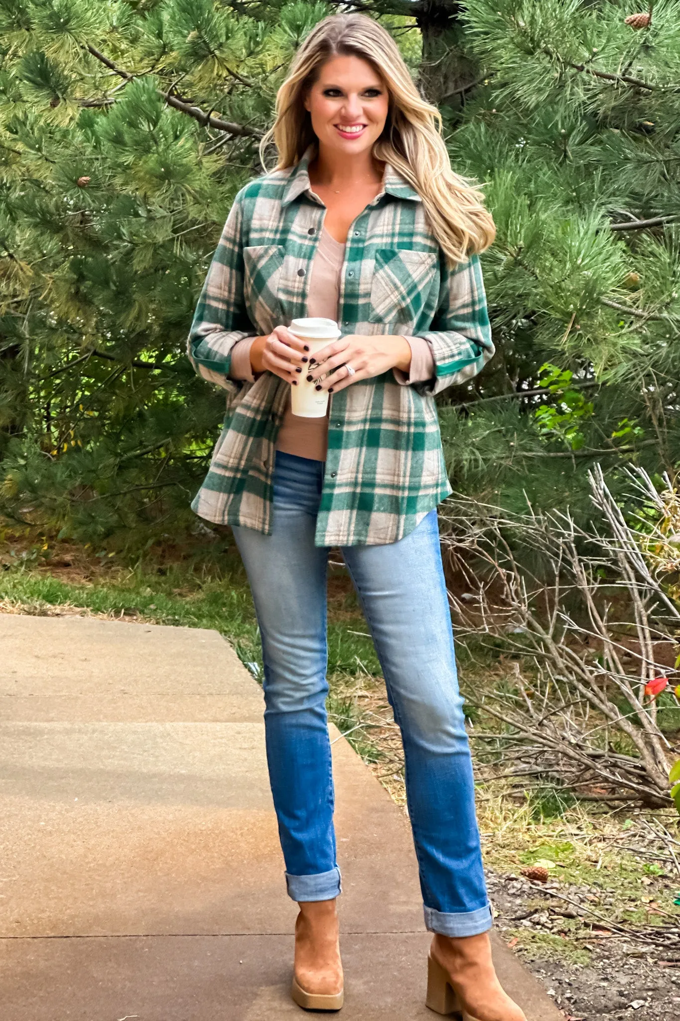 Better Than Basic Roll Tab Sleeve Plaid Shacket : Green/Tan