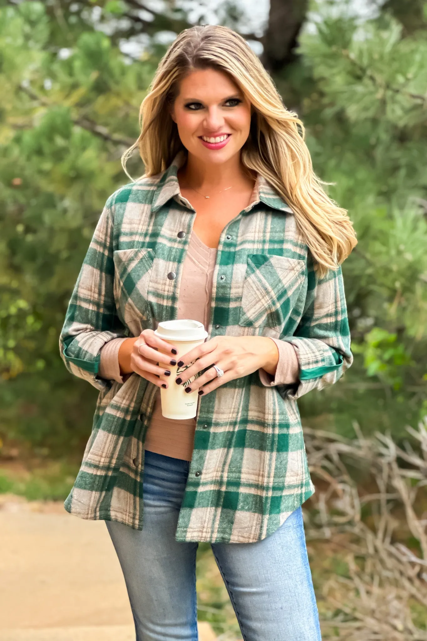 Better Than Basic Roll Tab Sleeve Plaid Shacket : Green/Tan