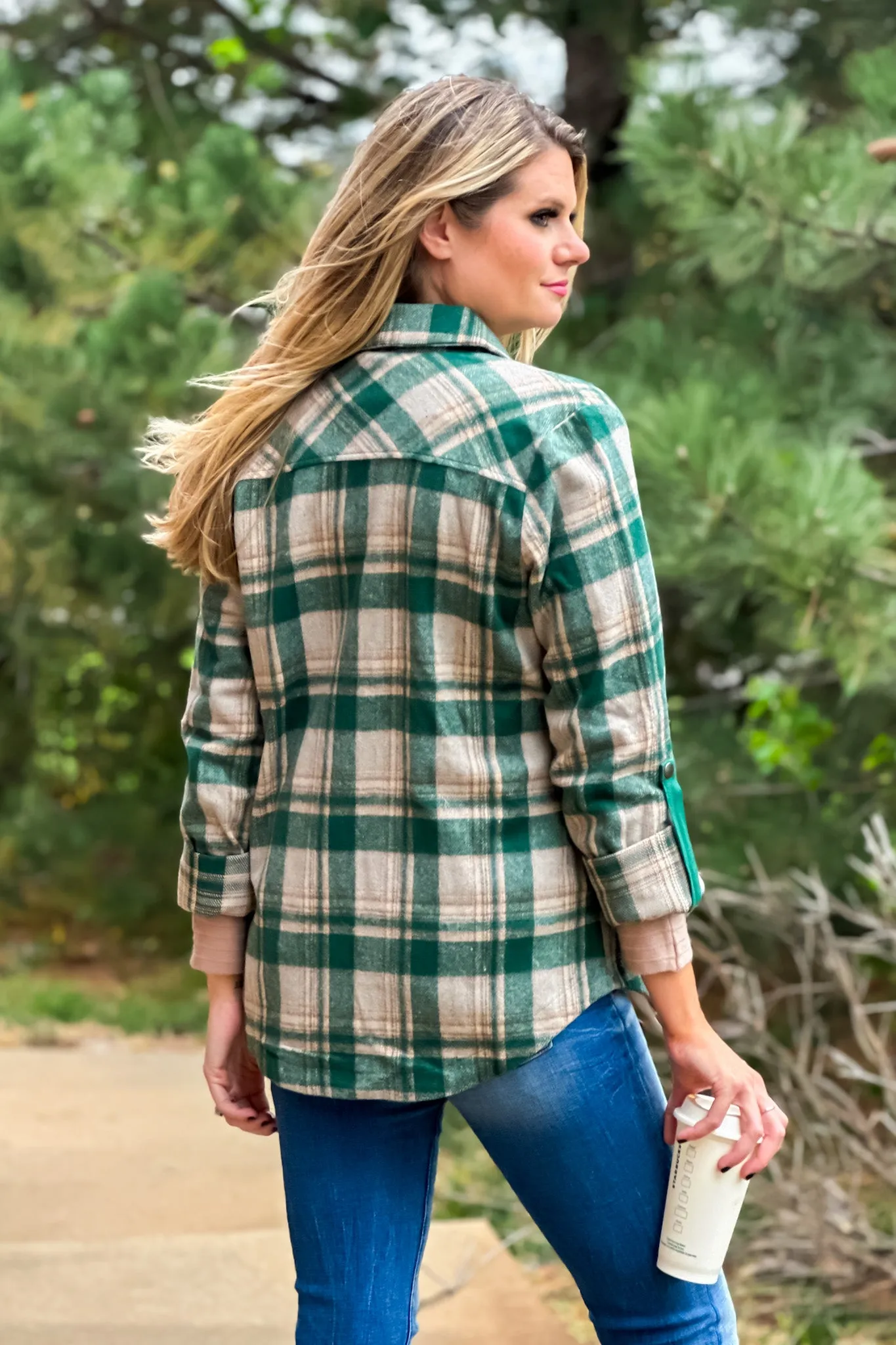 Better Than Basic Roll Tab Sleeve Plaid Shacket : Green/Tan