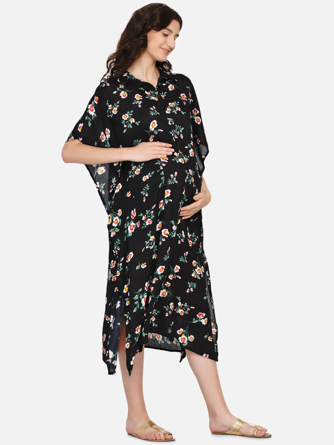 Black Floral Print Maternity Kaftaan Dress