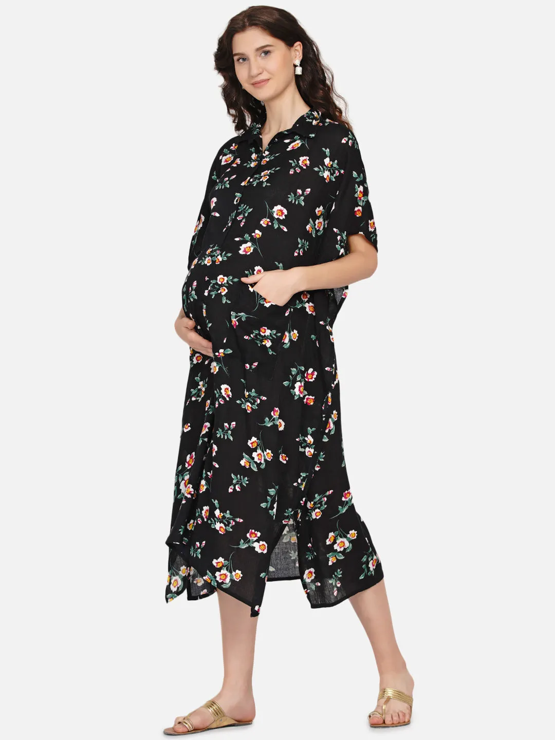 Black Floral Print Maternity Kaftaan Dress