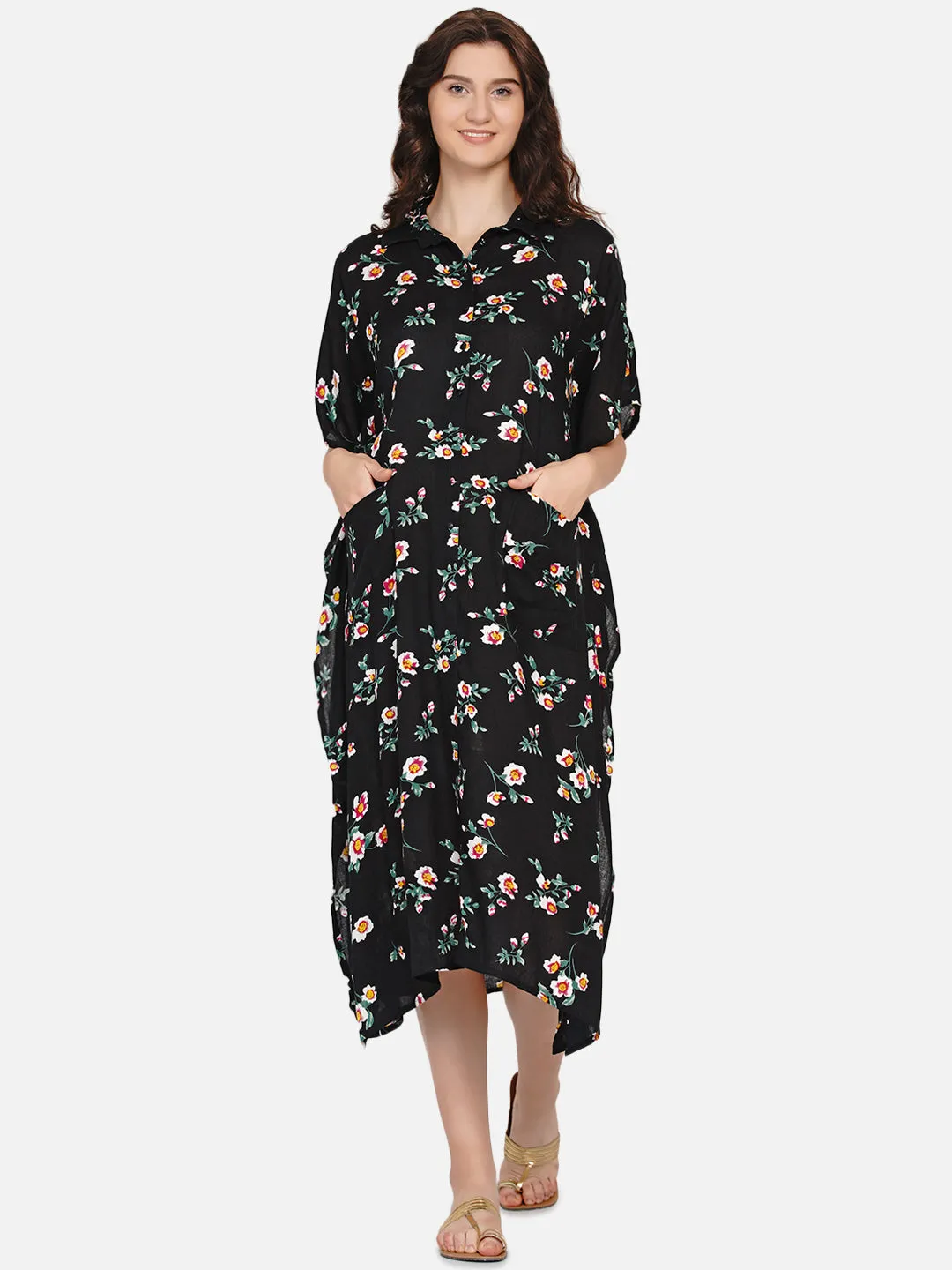 Black Floral Print Maternity Kaftaan Dress