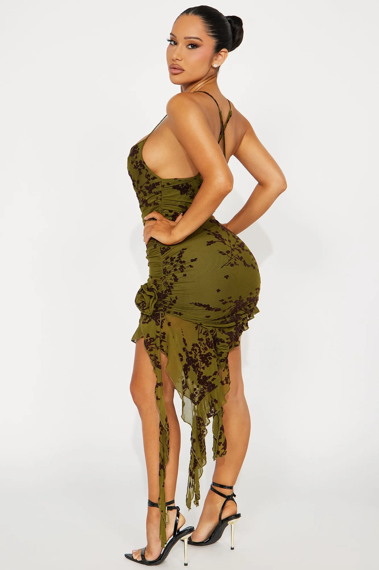 Blossom Bliss Mesh Midi Dress - Olive