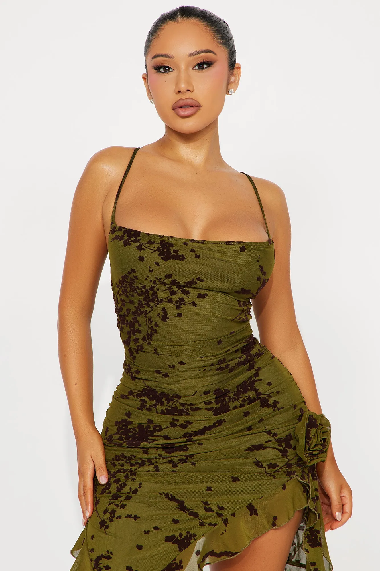 Blossom Bliss Mesh Midi Dress - Olive