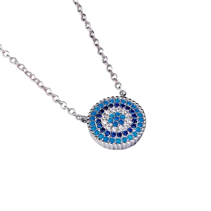 Blue Cubic Zircons Evil Eye Pendant Necklace Sterling Silver