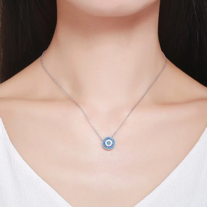 Blue Cubic Zircons Evil Eye Pendant Necklace Sterling Silver