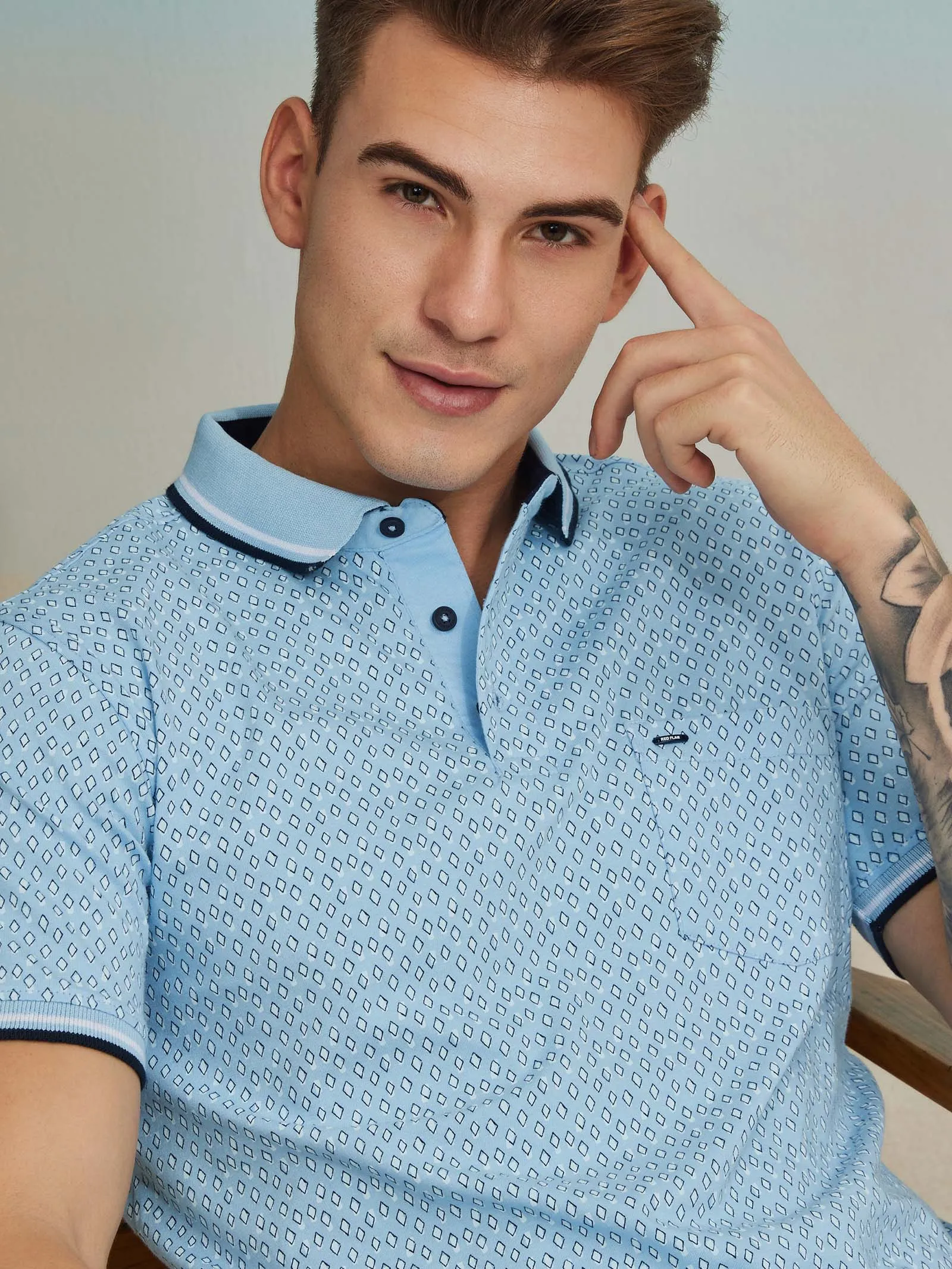 Blue Printed Stretch Polo T-Shirt