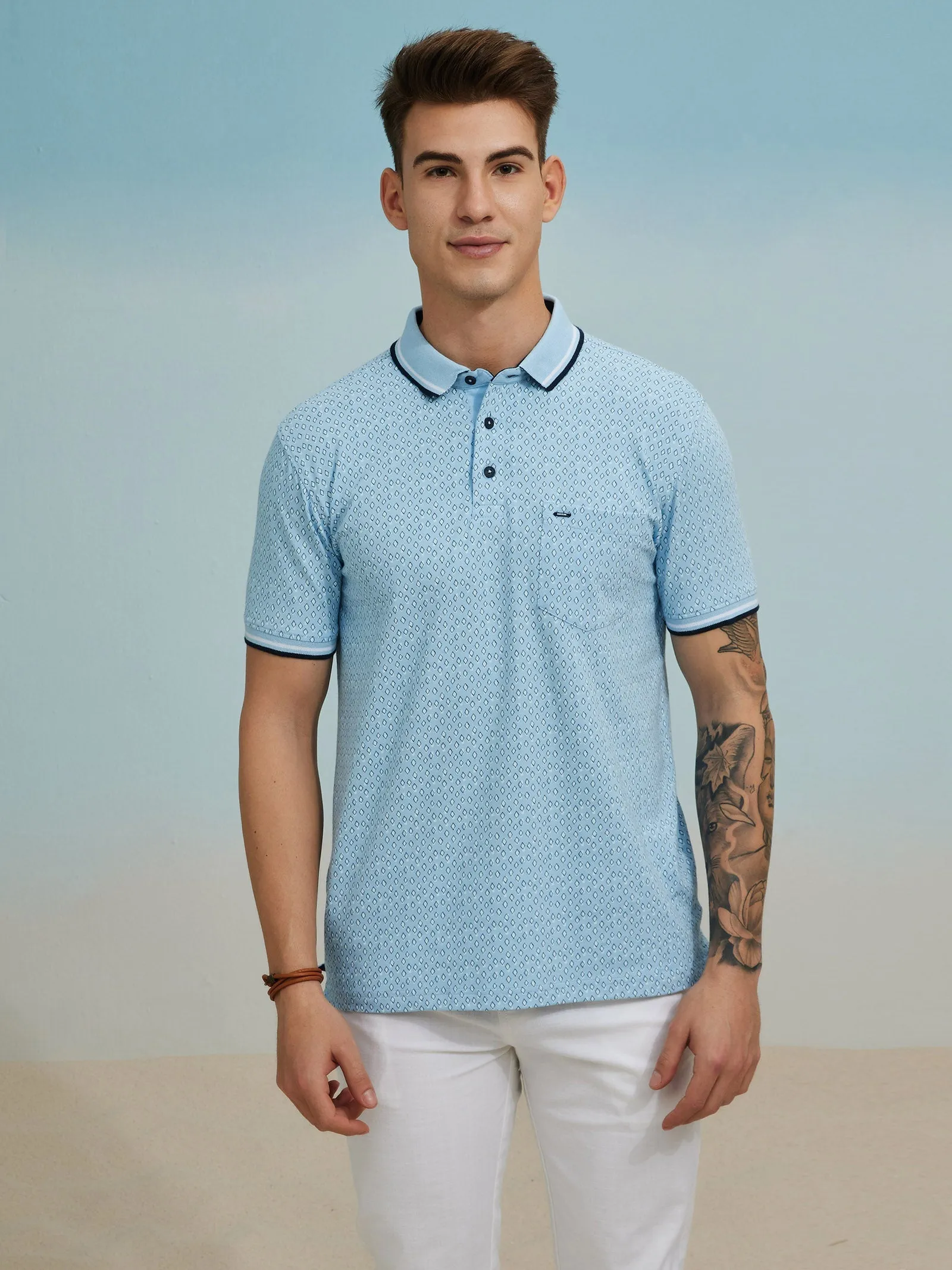 Blue Printed Stretch Polo T-Shirt