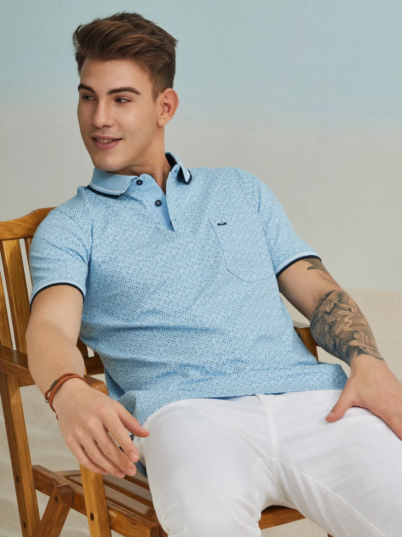 Blue Printed Stretch Polo T-Shirt