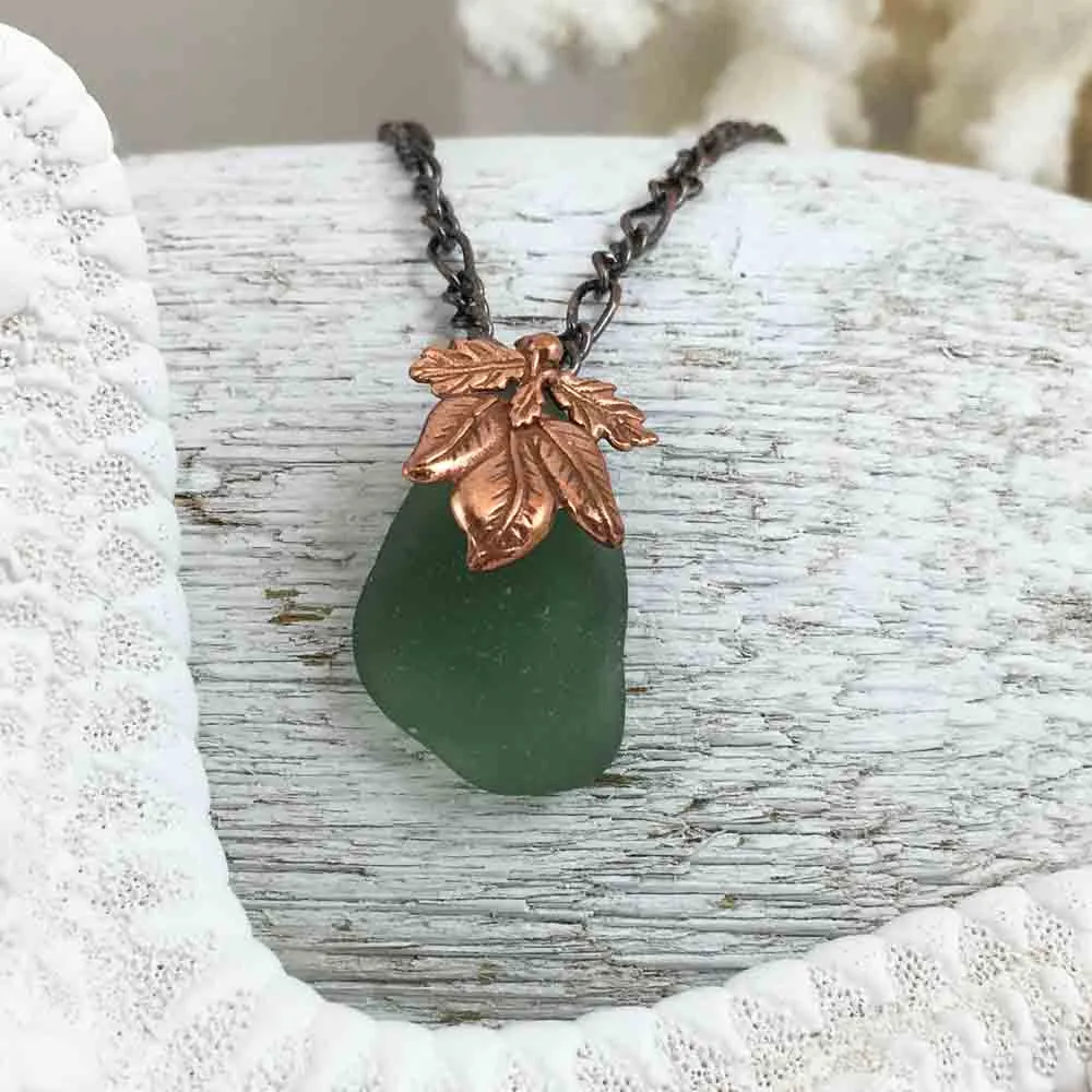 Bright Olive Green on Bronze Sea Glass Pendant with Leaf Bail | #1074