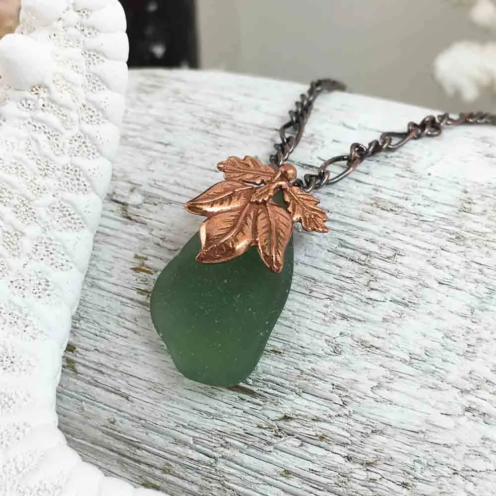 Bright Olive Green on Bronze Sea Glass Pendant with Leaf Bail | #1074