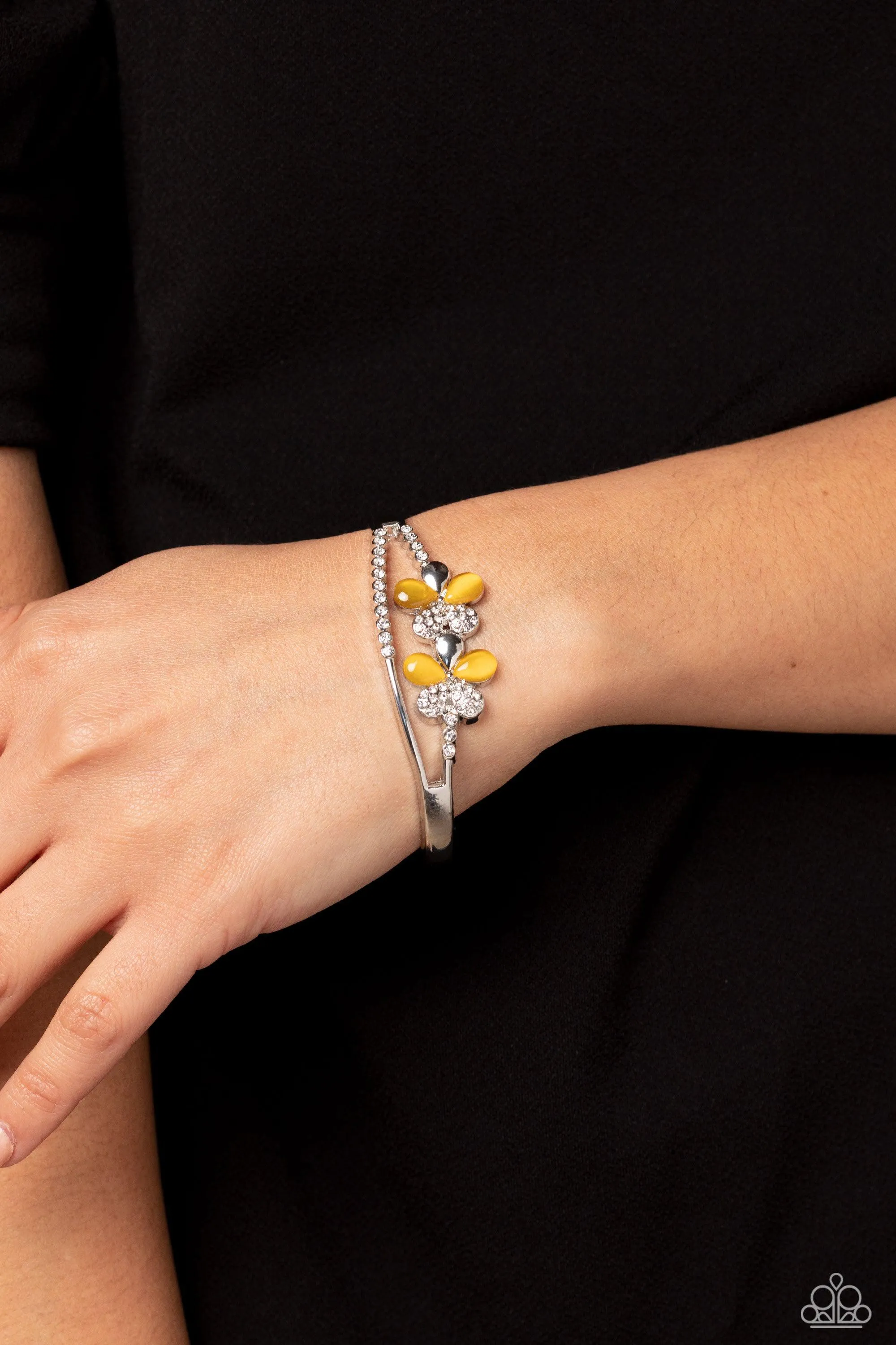 Broadway Stage Yellow Cat's Eye Stone Floral Cuff Bracelet - Paparazzi Accessories