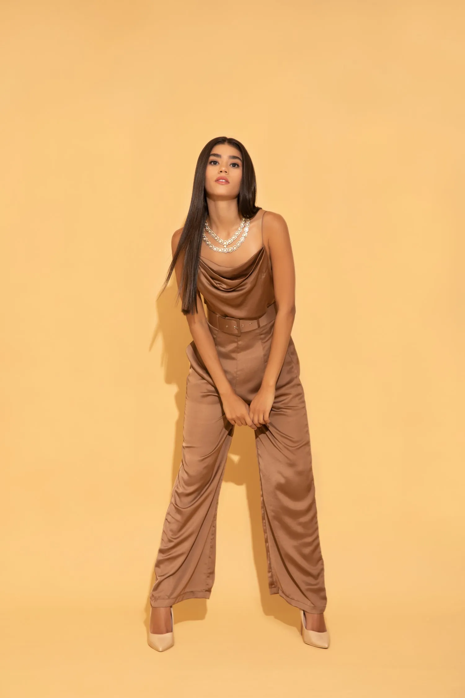 Brown Cowl Jumpsuit