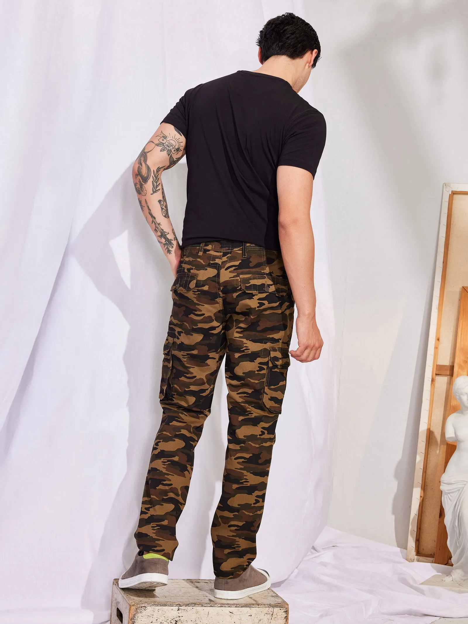 Brown Printed Slim Fit Cargo Trouser