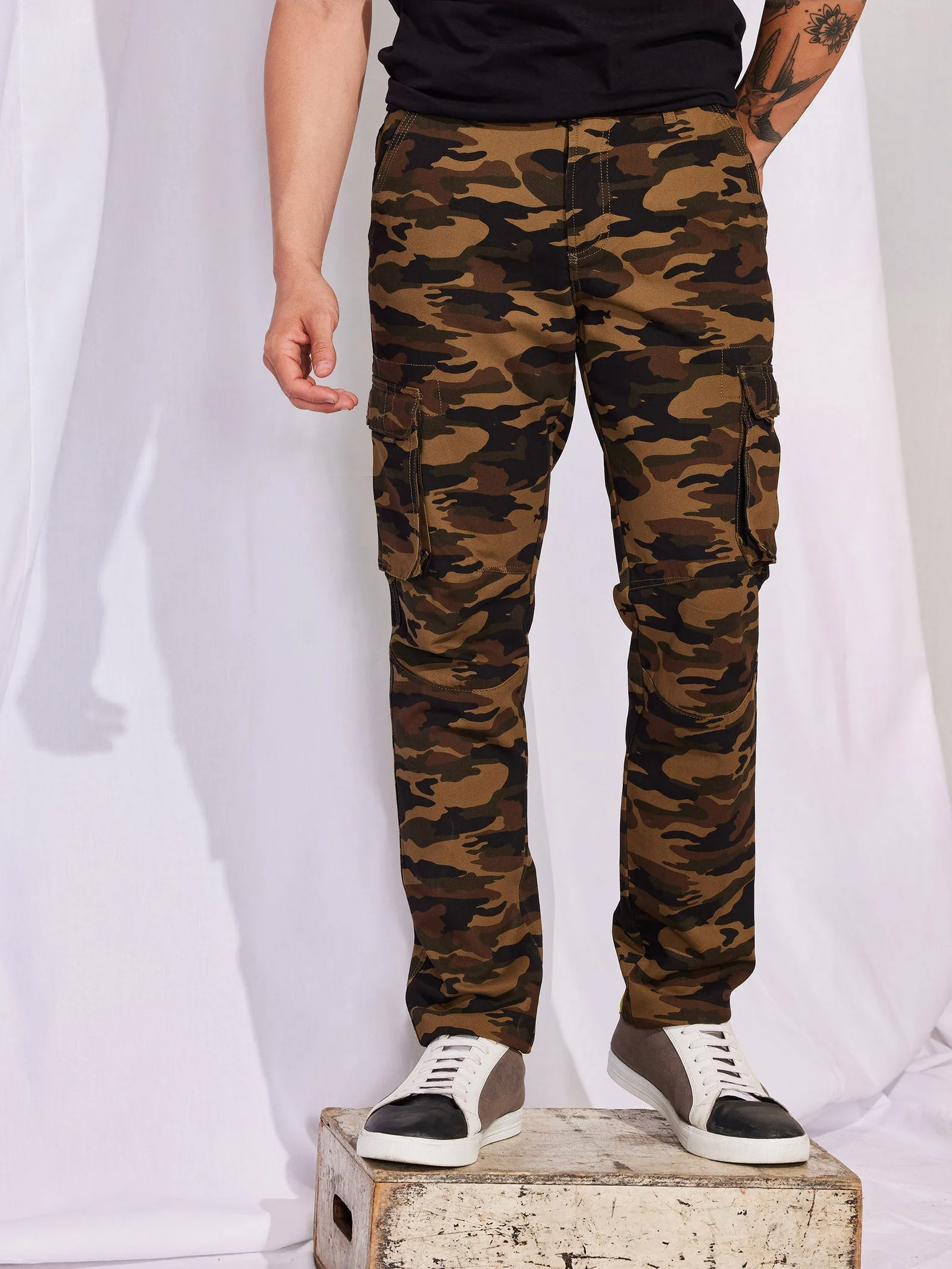 Brown Printed Slim Fit Cargo Trouser