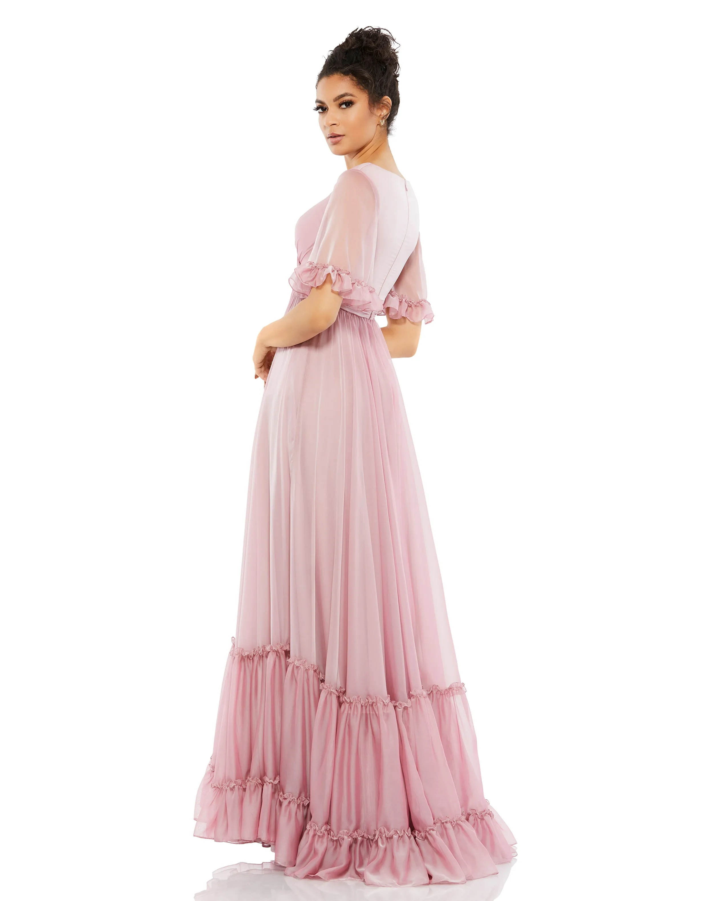 Butterfly Ruffle Trimmed Sleeve Wrap Over Flowy Gown