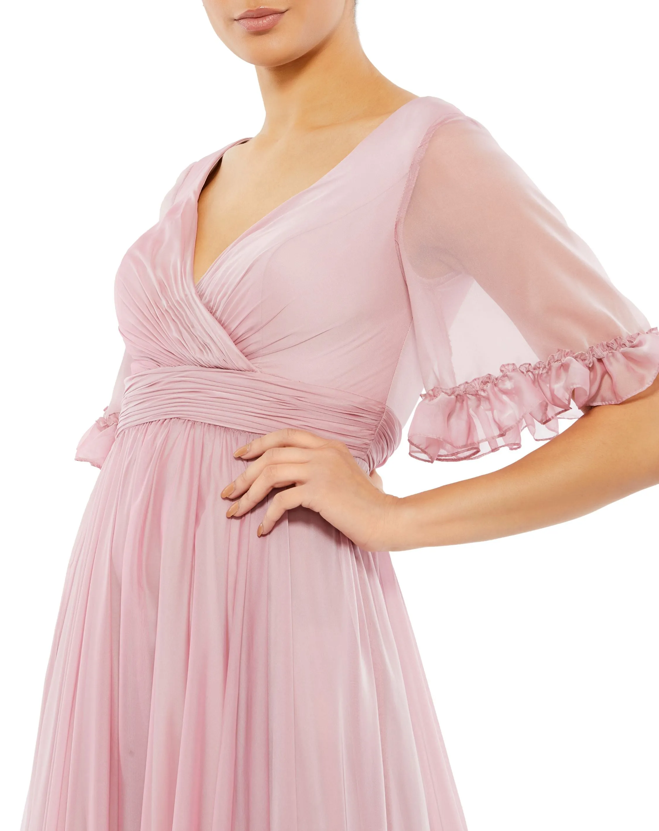 Butterfly Ruffle Trimmed Sleeve Wrap Over Flowy Gown