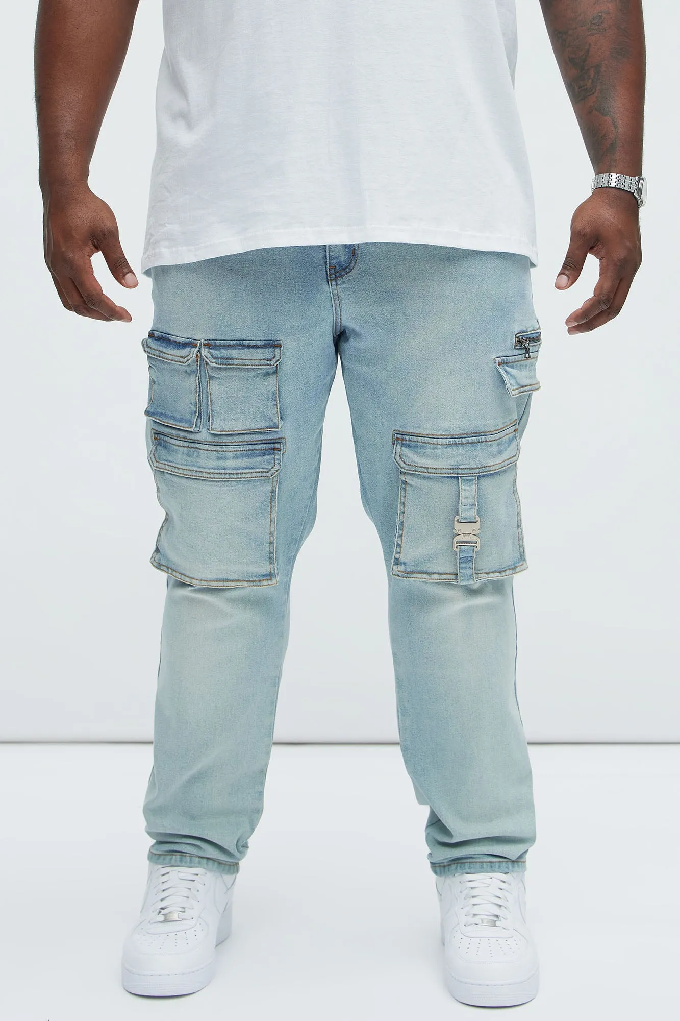 Cargo Pocket Slim Taper Jeans - Light Blue Wash