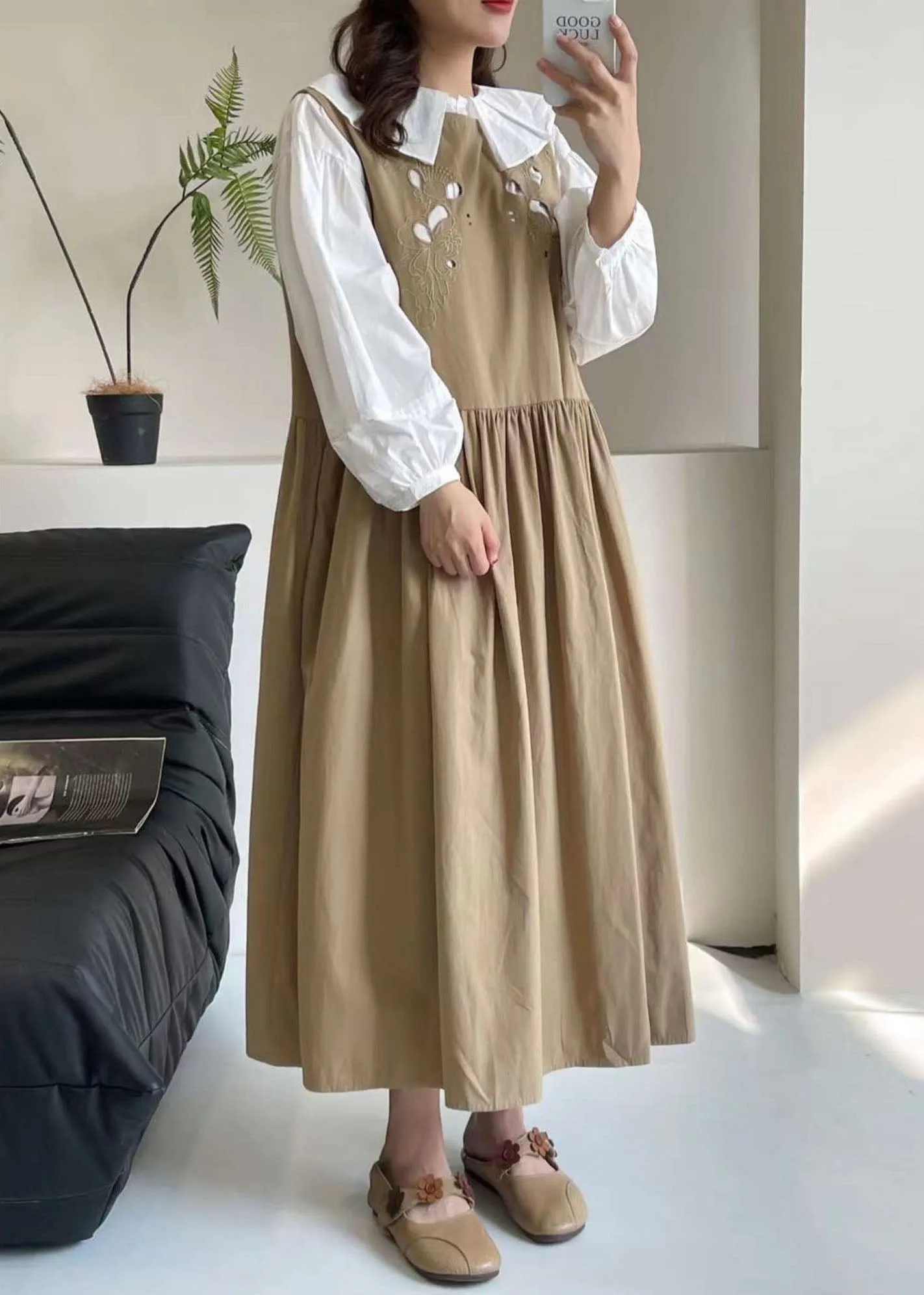 Casual Khaki Hollow Out Long Dress Sleeveless BV037