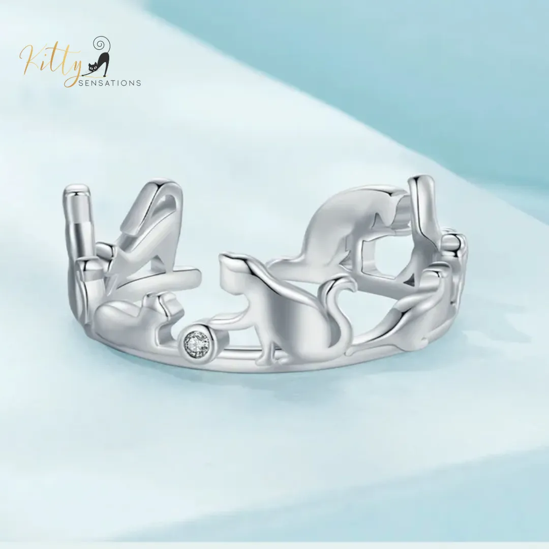 Cat Ring - Seven Healthy, Playful Cats in Solid 925 Sterling Silver - Platinum Plated, Playing with Cubic Zirconia (CZ) Balls (Adjustable Size)