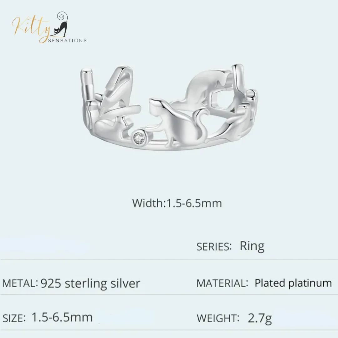 Cat Ring - Seven Healthy, Playful Cats in Solid 925 Sterling Silver - Platinum Plated, Playing with Cubic Zirconia (CZ) Balls (Adjustable Size)