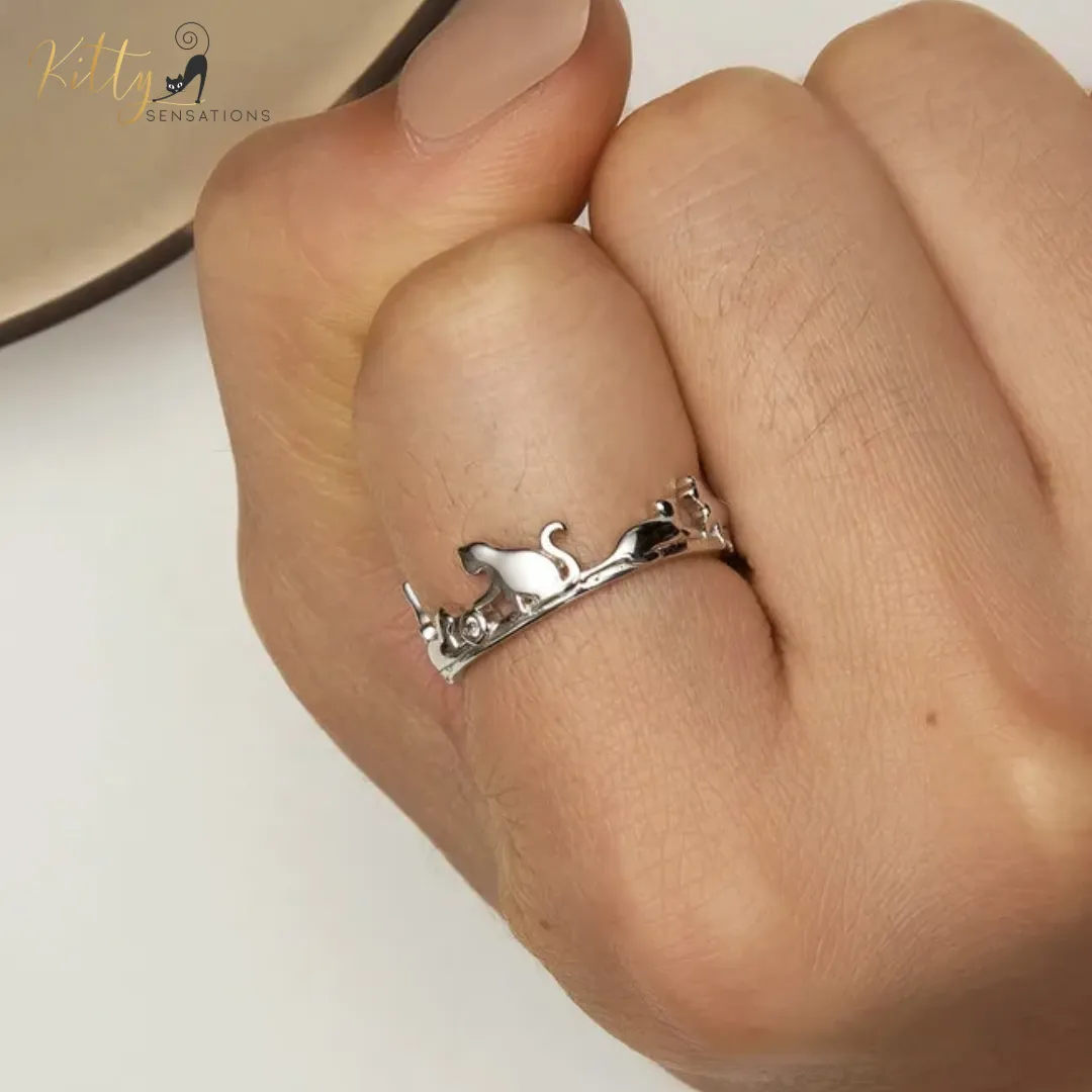 Cat Ring - Seven Healthy, Playful Cats in Solid 925 Sterling Silver - Platinum Plated, Playing with Cubic Zirconia (CZ) Balls (Adjustable Size)