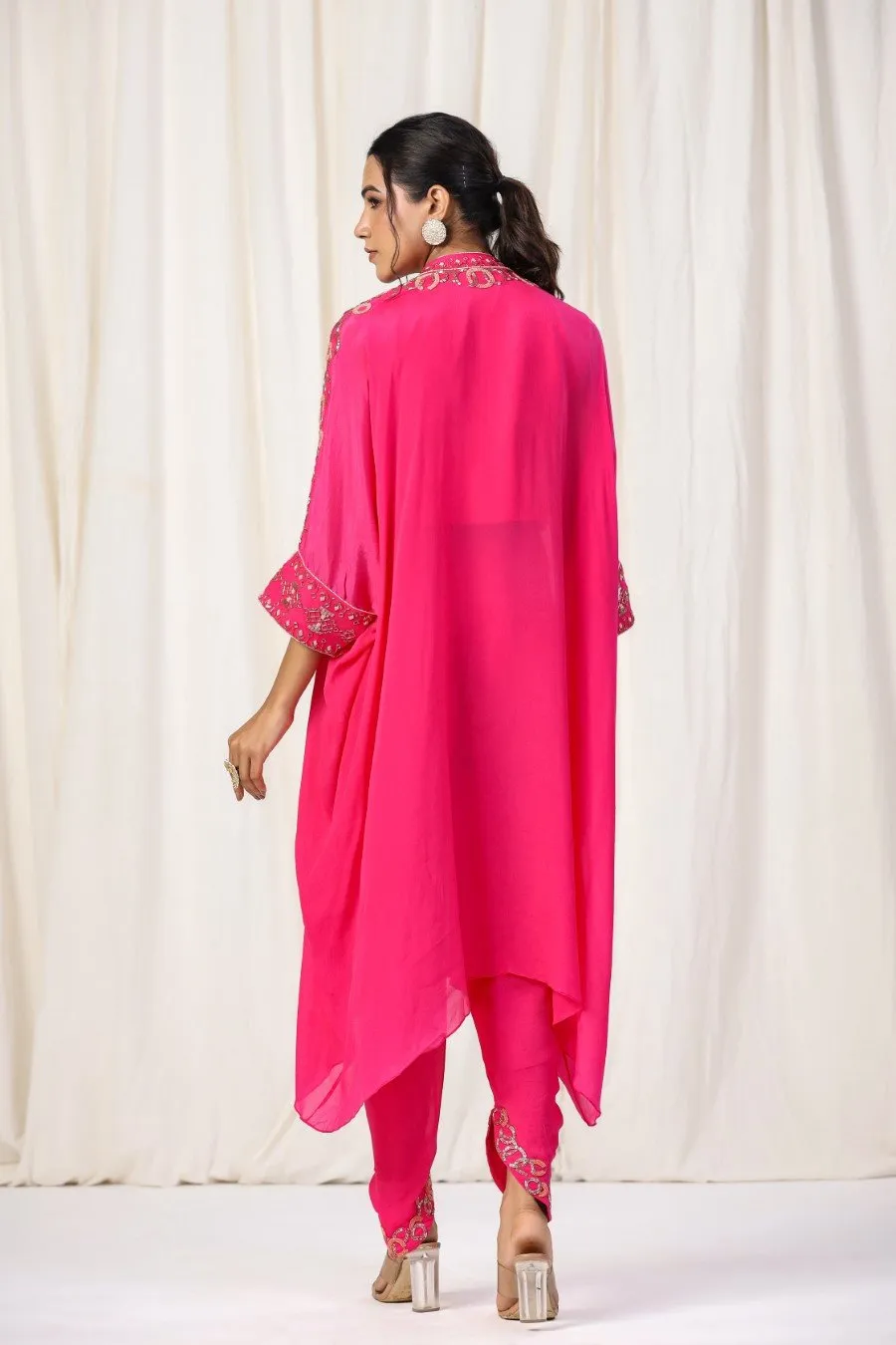 Cerise Pink Embellished Georgette Silk Kurta with Tulip Pants