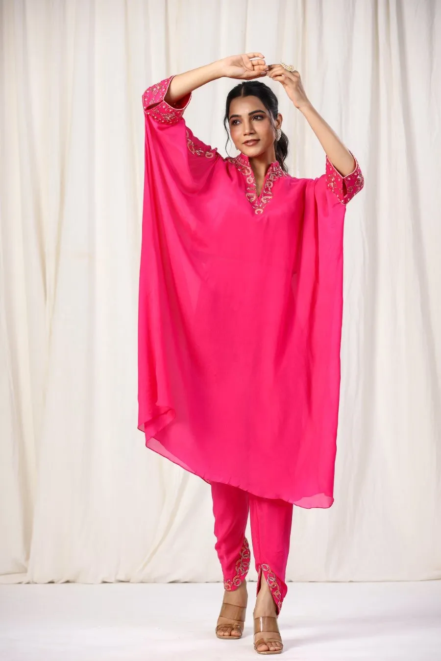 Cerise Pink Embellished Georgette Silk Kurta with Tulip Pants