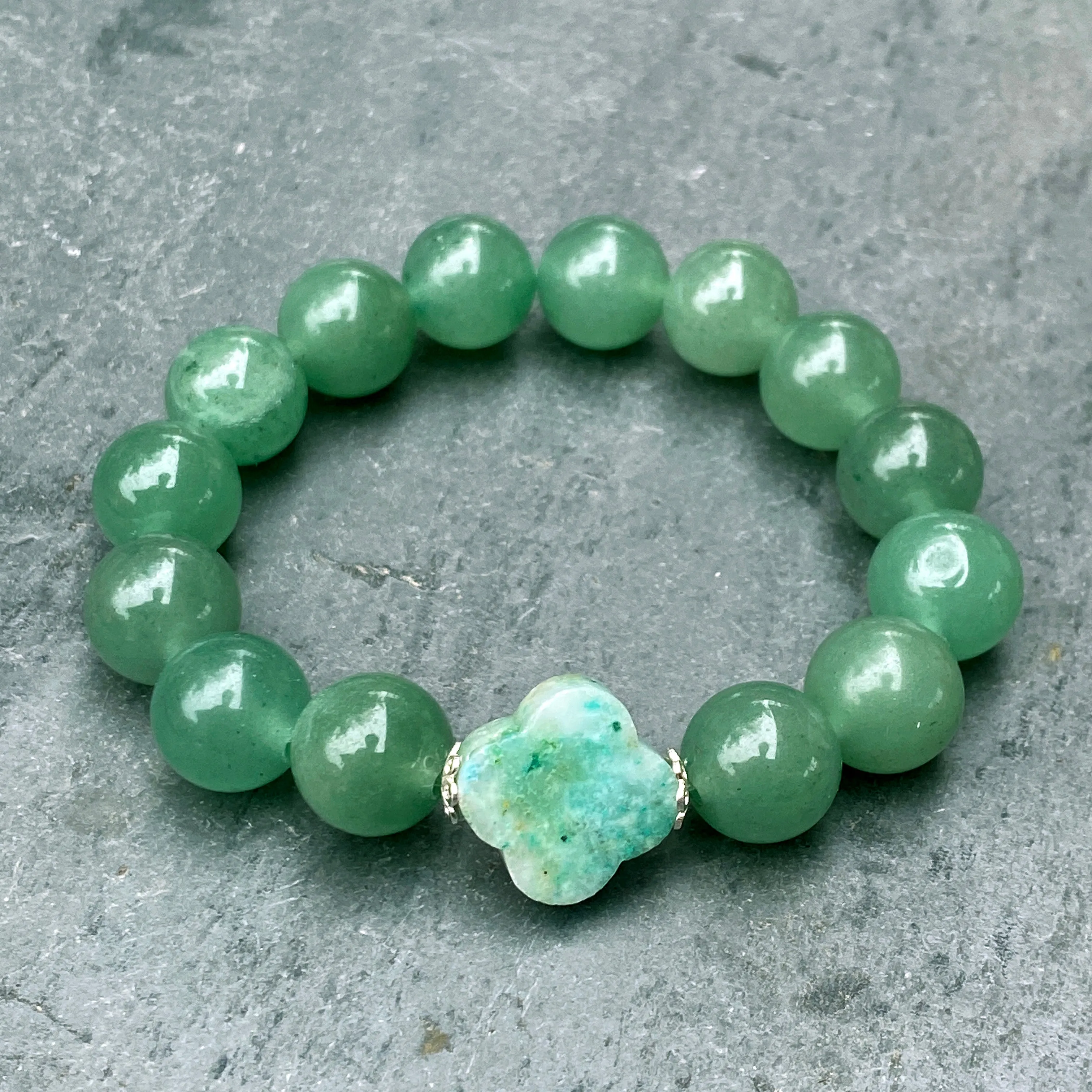 Chrysocolla Clover and Green Aventurine Beaded Stretch Bracelet