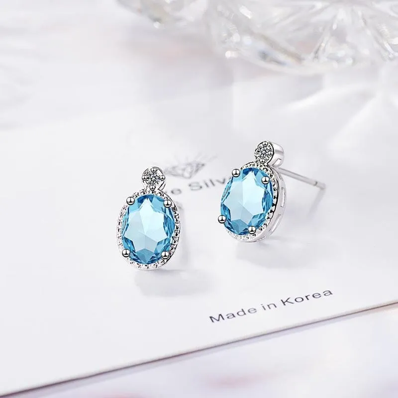 Classic Oval Aquamarine Shaped Earrings - 925 Sterling Silver