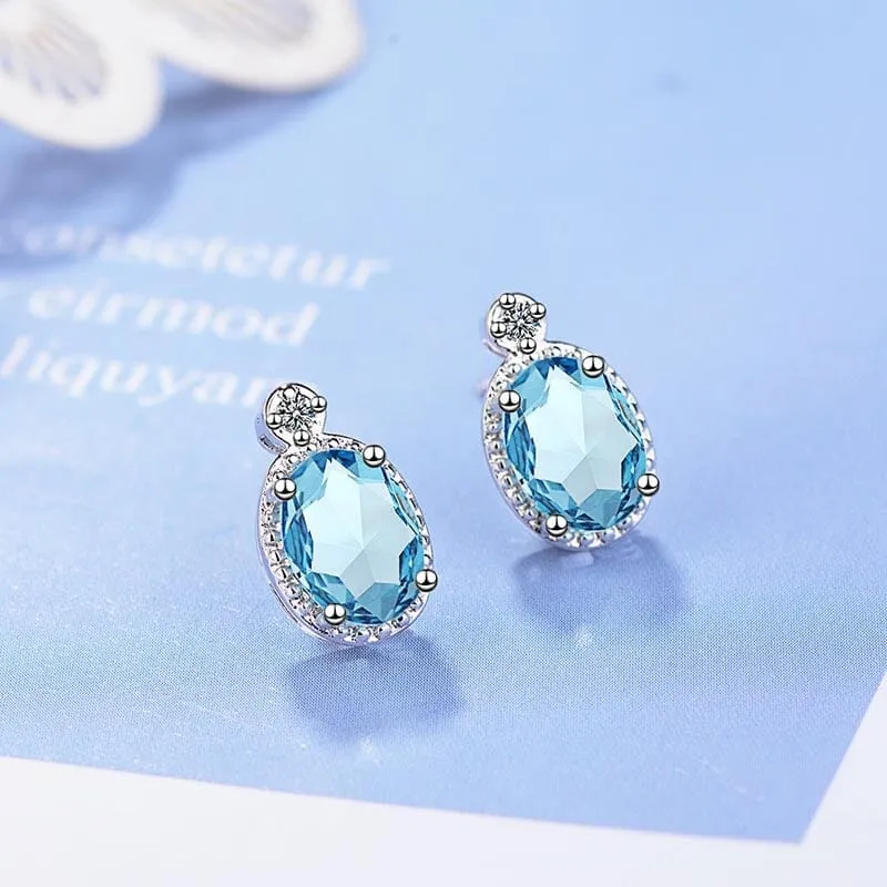 Classic Oval Aquamarine Shaped Earrings - 925 Sterling Silver