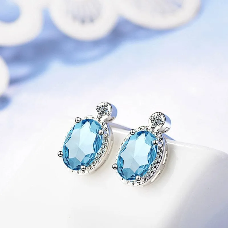 Classic Oval Aquamarine Shaped Earrings - 925 Sterling Silver