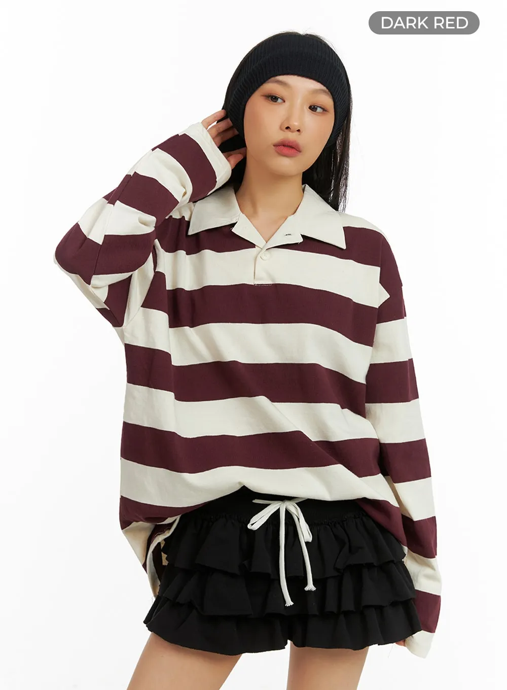 Collar Stripe Oversized Polo Shirt IA417