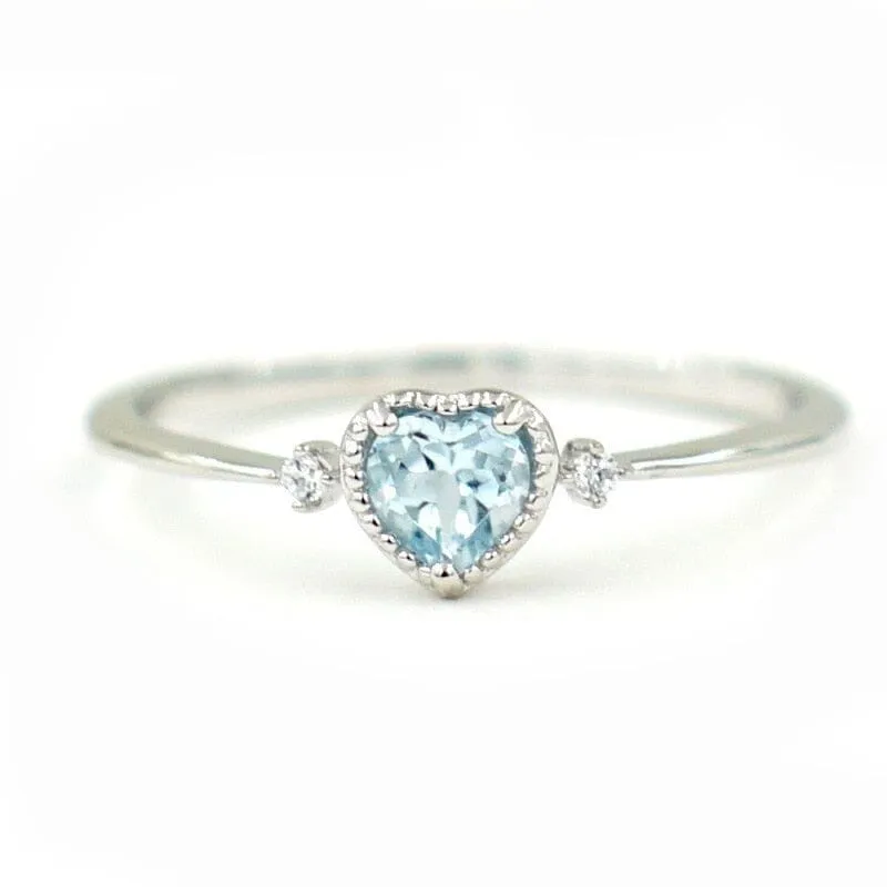 Dainty Heart Shaped Aquamarine Ring - 925 Sterling Silver