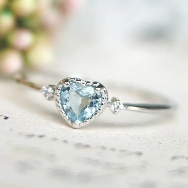 Dainty Heart Shaped Aquamarine Ring - 925 Sterling Silver