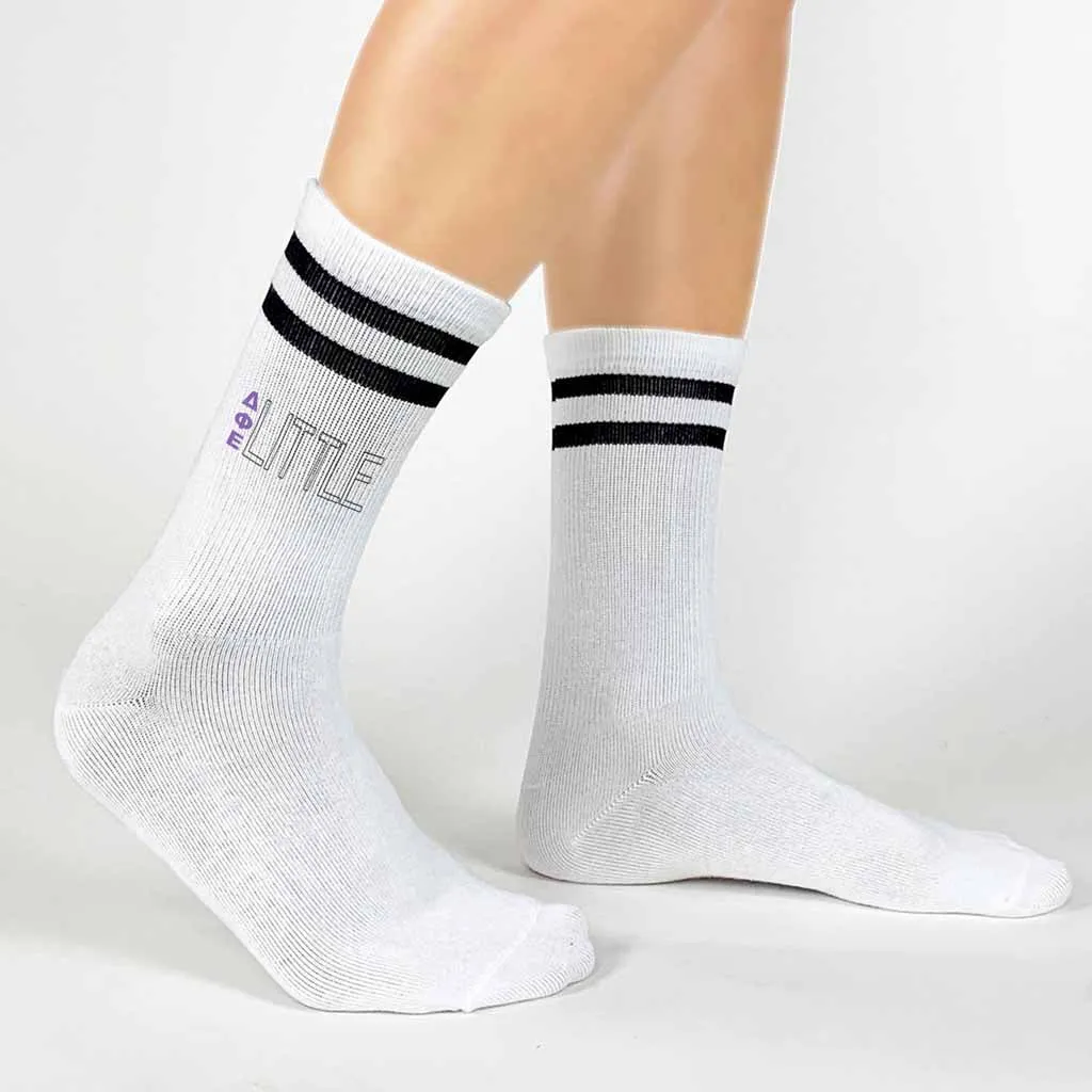 Delta Phi Epsilon Sorority Socks for your Big and Little with Greek Letters on Striped Cotton Crew Socks