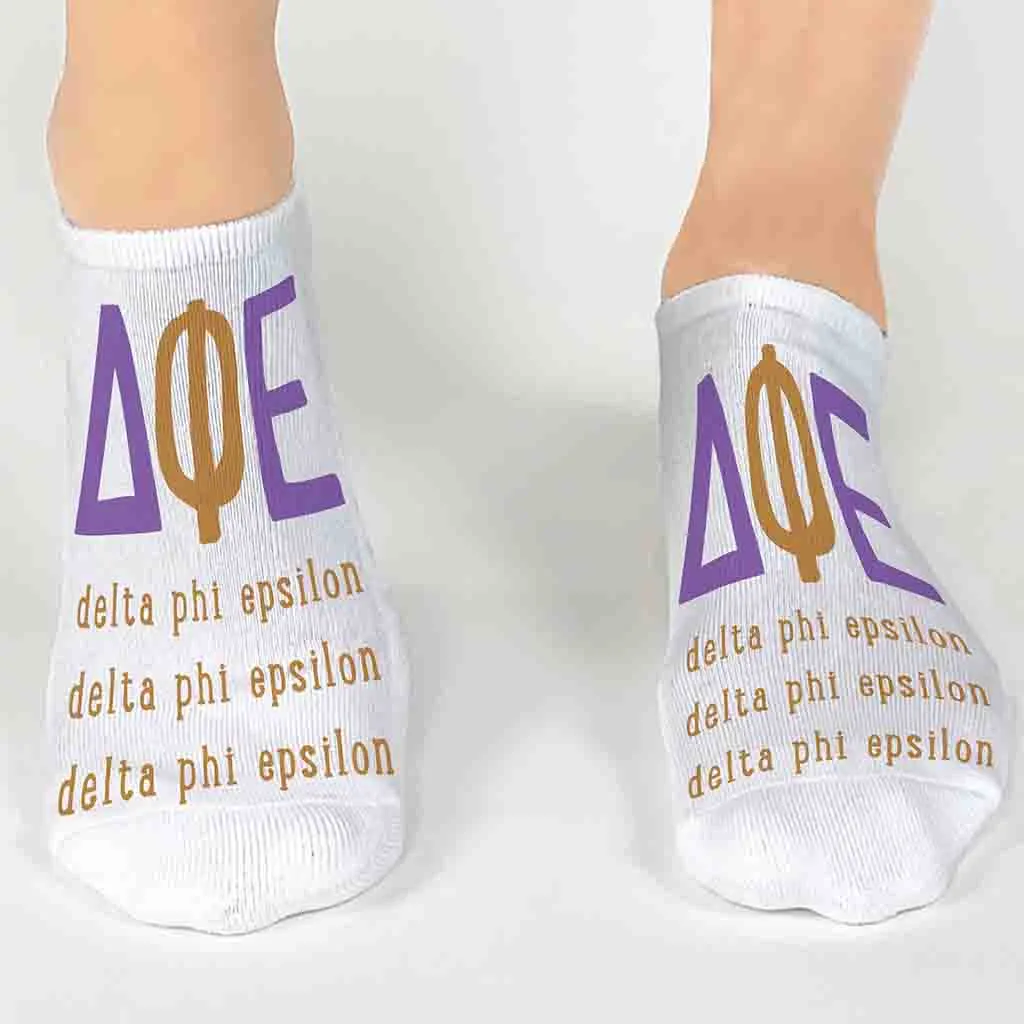 Delta Phi Epsilon Sorority Socks with Large Greek Letters, Printed on No Show Socks