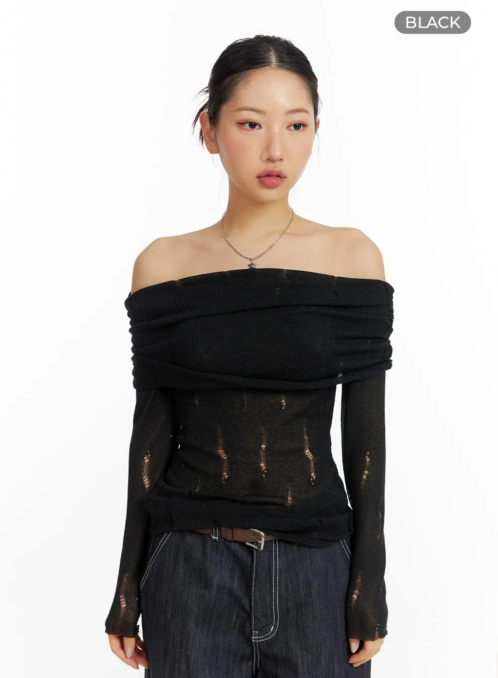 Destroyed Mesh Off-Shoulder Long Sleeve Tee CF416