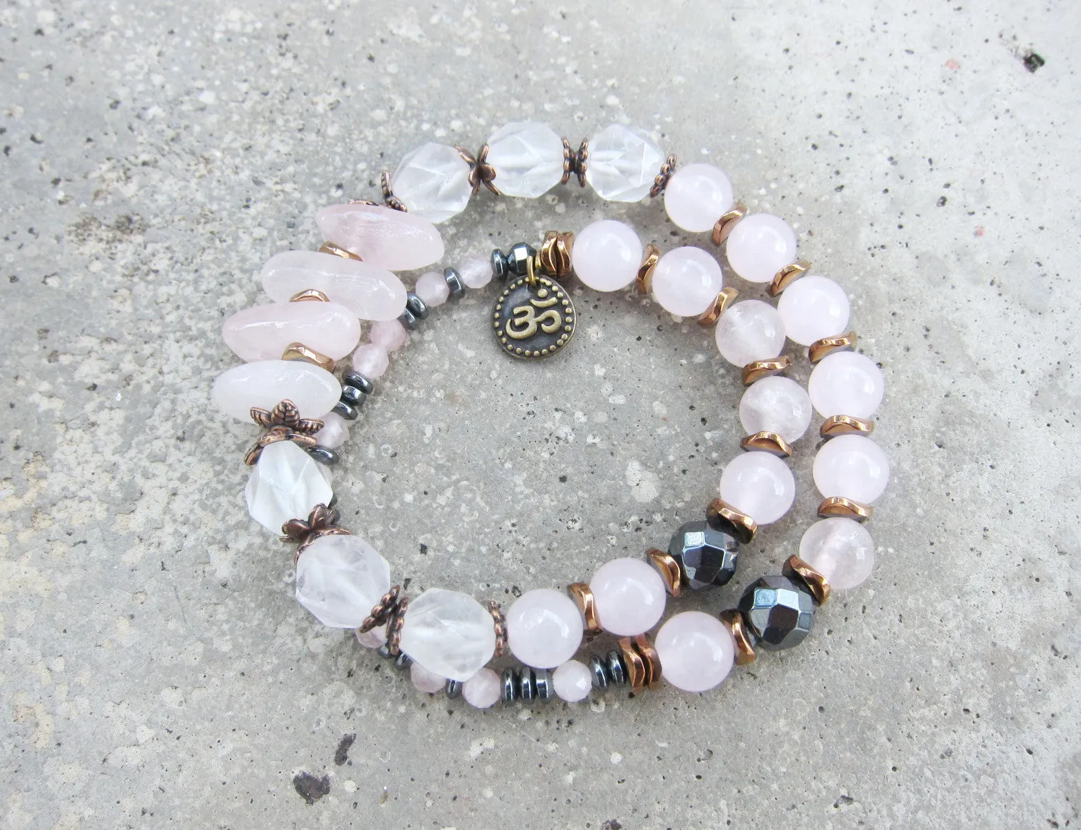 Divine Feminine Pink Quartz Fertility Mala Bracelet in OM Charm - Ltd Edition