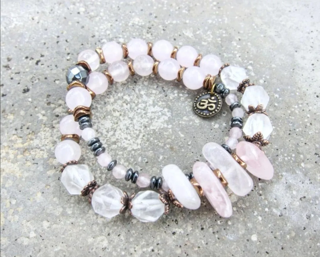 Divine Feminine Pink Quartz Fertility Mala Bracelet in OM Charm - Ltd Edition