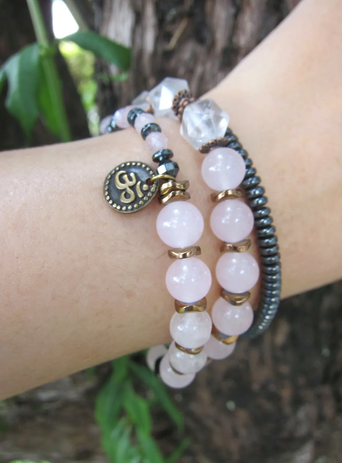 Divine Feminine Pink Quartz Fertility Mala Bracelet in OM Charm - Ltd Edition