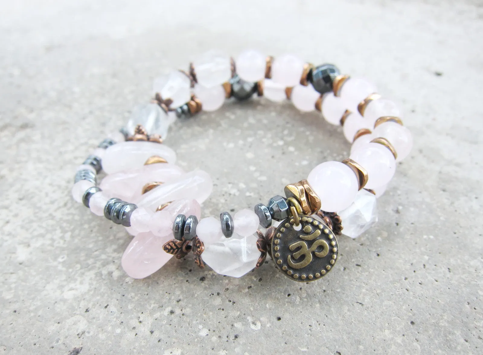 Divine Feminine Pink Quartz Fertility Mala Bracelet in OM Charm - Ltd Edition