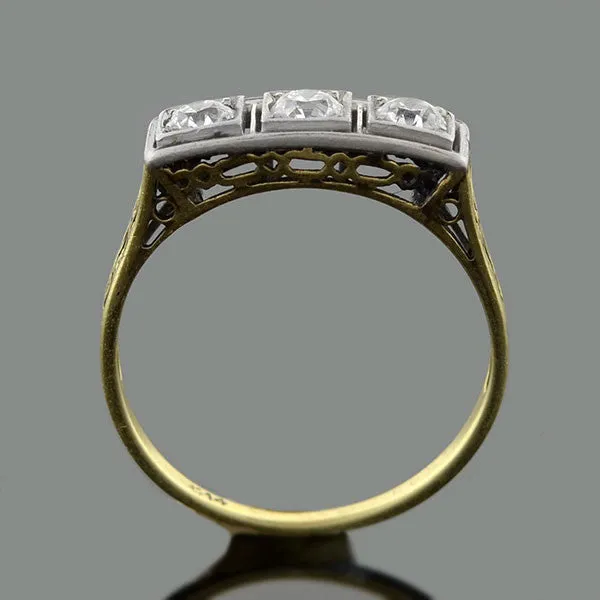 Edwardian 14kt Mixed Metals Diamond 3-Stone Filigree Ring .30ctw