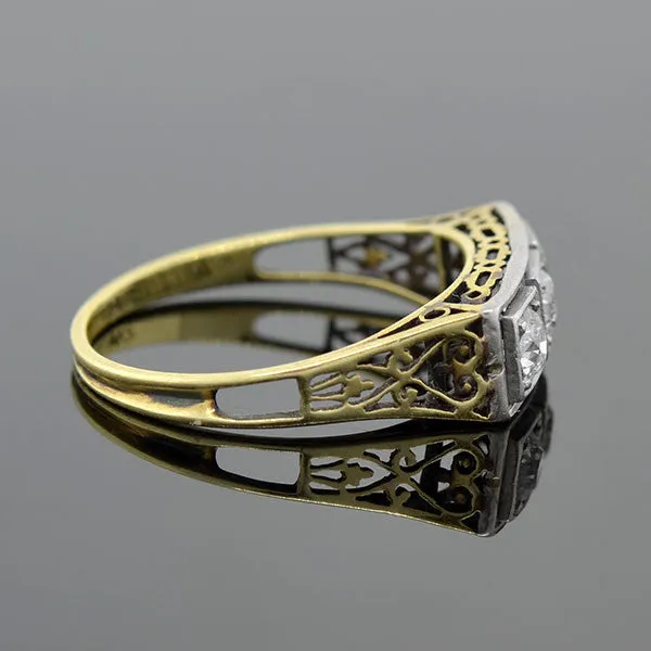 Edwardian 14kt Mixed Metals Diamond 3-Stone Filigree Ring .30ctw