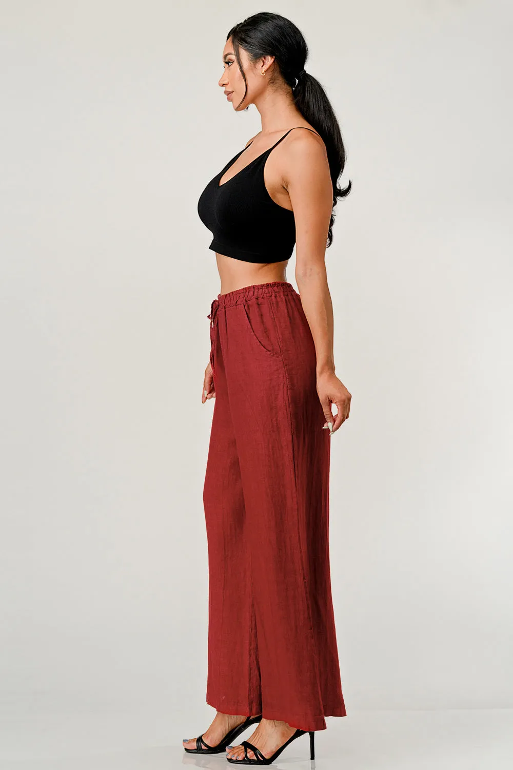 Elastic Waist Linen Pants w Pockets