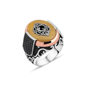 Eye Figure on Yellow Ellipse Synthetic Amber Stone Silver Men's Ring Siding Zircons in Epaulet Shape